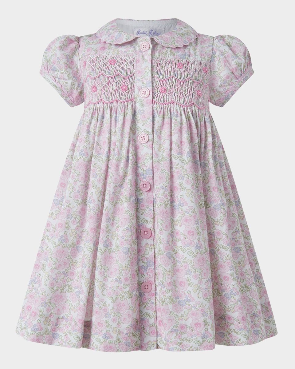 Girl's Ditsy Smocked Button-Front Dress and Bloomers Set, Size 6M-24